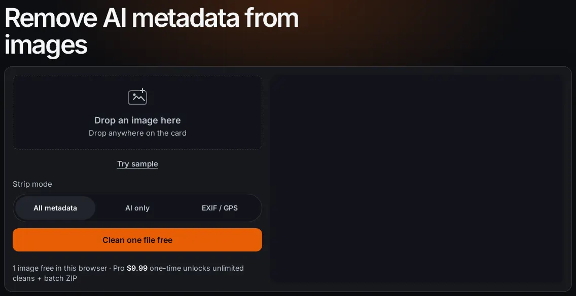 Remove AI Meta dropzone: Drop an image here, Clean one file free, Inspect only, Pro $9.99 hint
