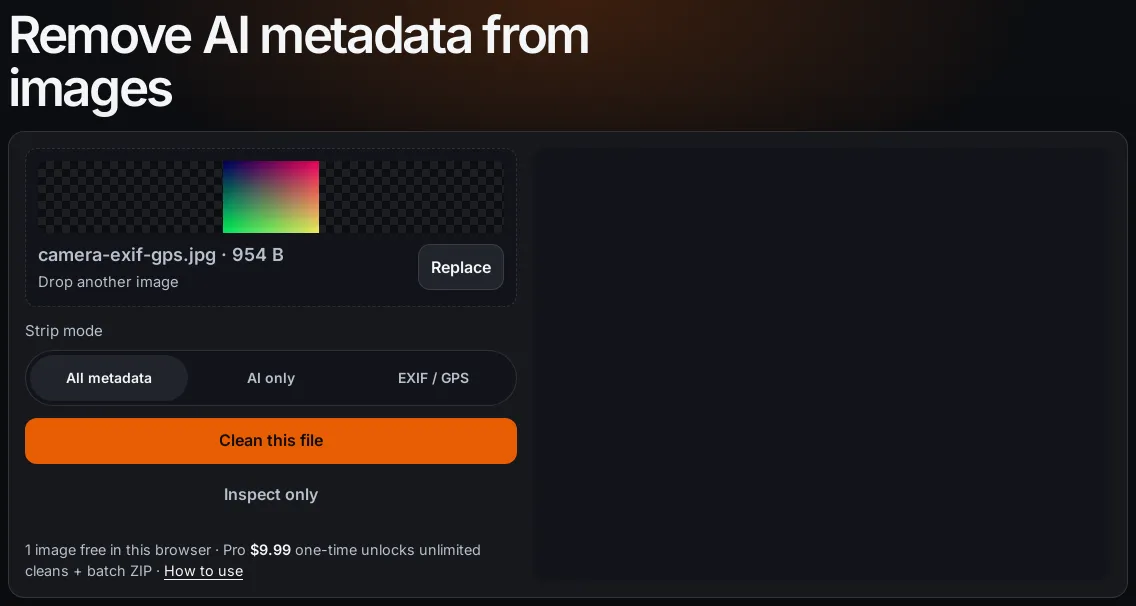 Strip mode set to All metadata with Clean this file button