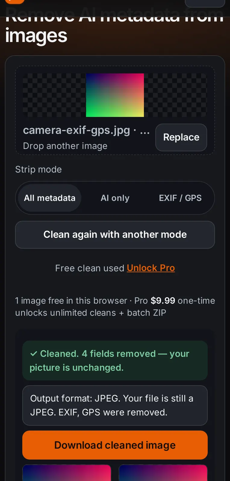 Mobile layout after clean with Download cleaned image button