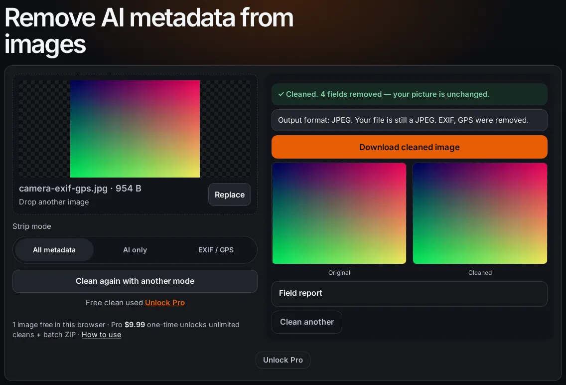 After clean: 4 fields removed, Download cleaned image, Free clean used Unlock Pro