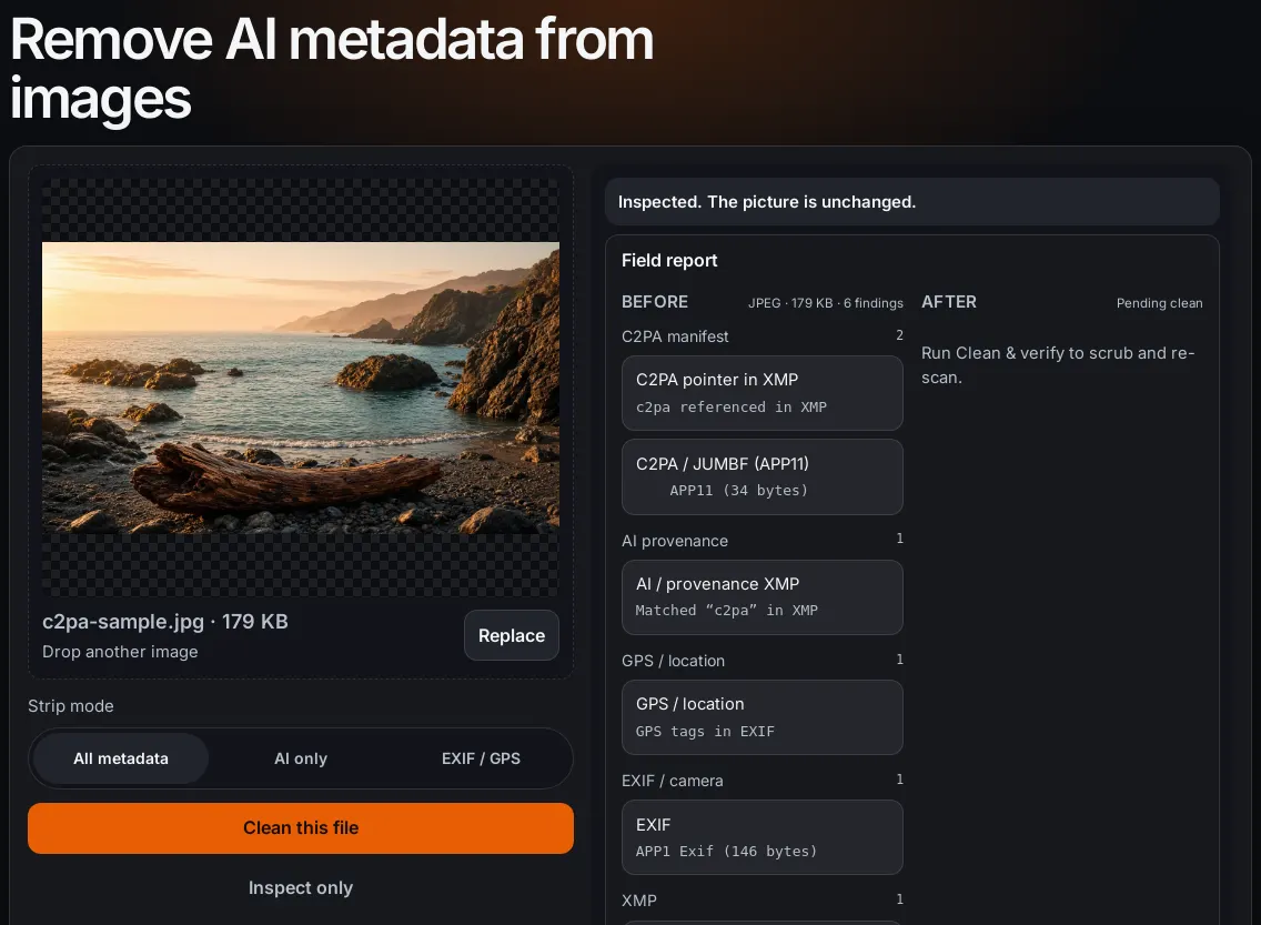 Inspect coast sample JPEG with C2PA manifest, AI provenance, GPS, and EXIF findings